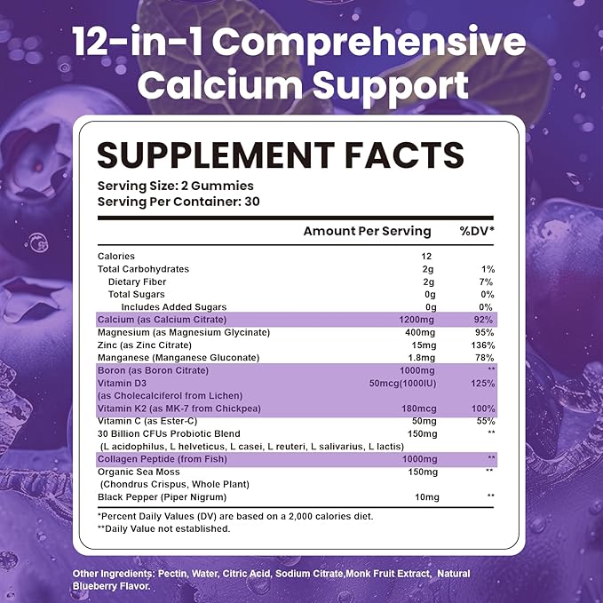 Calcium Citrate Gummies, 1200mg Chewable Calcium Supplement with Vitamin D3, K2, Magnesium & Zinc, Supports Energy and Immunity, High Absorption, Sugar-Free, Blueberry Flavor, 60 Count