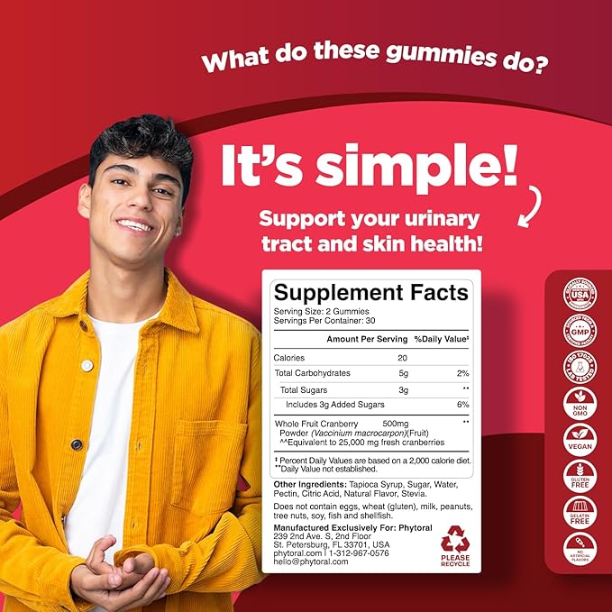 Phytoral Extra Strength Cranberry Gummies for Women - Delicious Potent Cranberry Supplement for Women and Men Bladder Kidney and Urinary Tract Health Support - Daily Gummy Vitamins - 60 Count