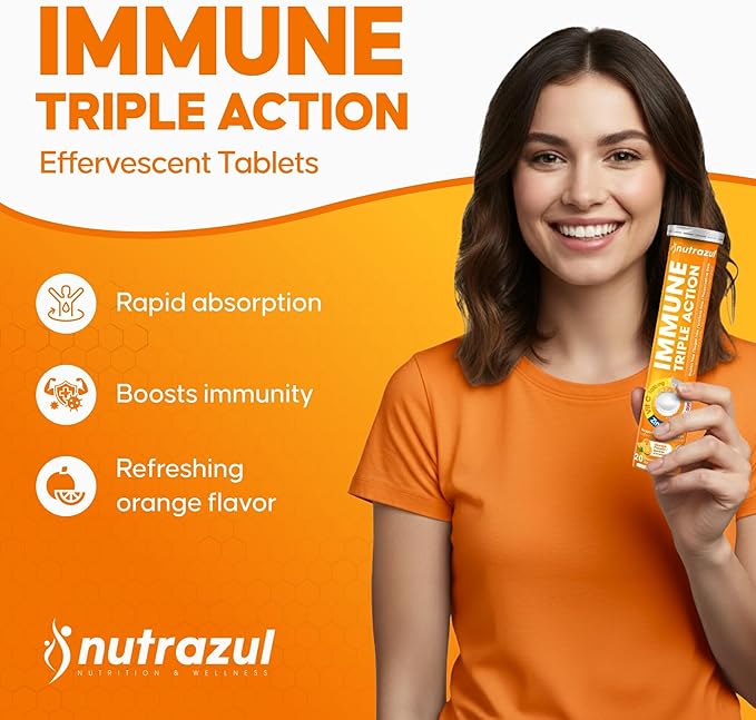 nutrazul Immune Triple Action Effervescent Tablets with Vitamin C 1000mg, Vitamin D, Zinc, Support Daily Routine, Gluten-Free, Sugar-Free, Lactose-Free, Orange Flavor, 20 Tablets, (Pack of 3)