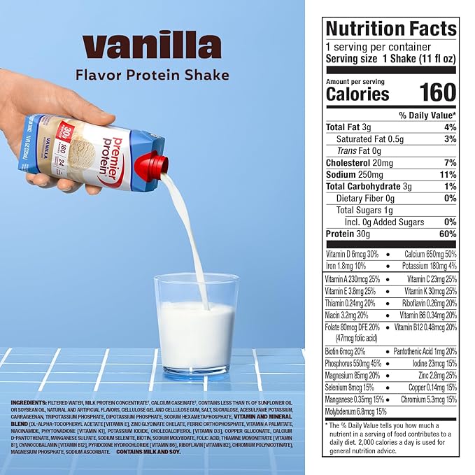 Premier Protein Shake, Vanilla, 30g Protein, No Added Sugar, 24 Vitamins & Minerals to Support Immune Health, 11 fl oz, 12 Pack