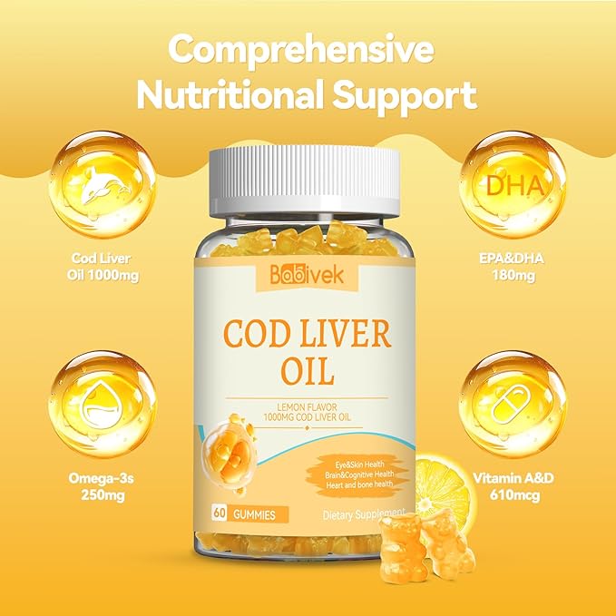 Cod Liver Oil Gummies 1000mg, for Adults & Kids with Omega-3 Vitamin A & D3, Fish Oil Supplement, Supports Eye Health, Brain Function & Bone Health, Sugar-Free, Non-GMO, Gluten-Free 120 Count