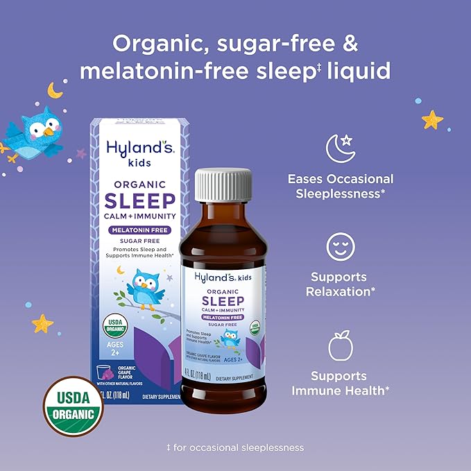 Hyland's Kids Melatonin-Free Organic Sleep Calm & Immunity Liquid, Sugar-Free with Magnesium, Vitamin D, Zinc & Elderberry, Promotes Sleep & Supports Immune Health, Ages 2+, Grape Flavor, 4 Fl. Oz.