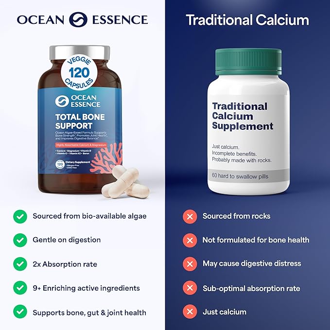 OCEAN ESSENCE Total Bone Support - Plant-Based Algae Calcium Supplement for Supporting Bone Density & Strength - for Men & Women 35+ - 120 Natural Calcium Capsules - Vitamins for Optimal Health
