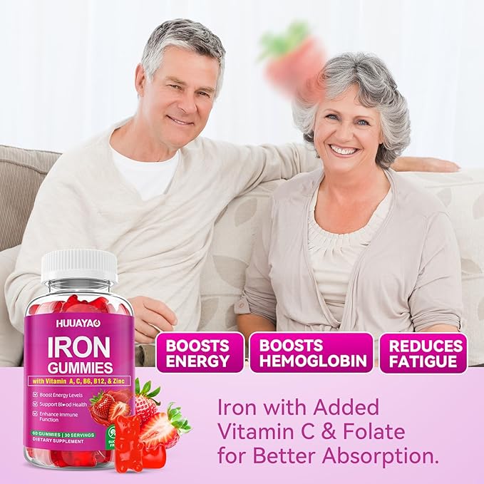 Iron Supplement Gummies for Women & Men, Vegan Iron Gummies with Vitamin C, A, B-Complex, Folate, Zinc for Blood Building & Energy Support, Strawberry Flavor, 60 Count