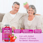 Iron Supplement Gummies for Women & Men, Vegan Iron Gummies with Vitamin C, A, B-Complex, Folate, Zinc for Blood Building & Energy Support, Strawberry Flavor, 60 Count