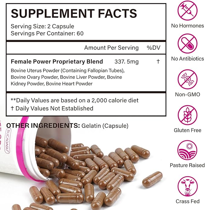 Beef Organ Supplement for Women - Grass-Fed Beef Liver, Kidney, Heart, Uterus, Ovary - Supports Female Energy & Hormone Balance - Pasture Raised in New Zealand - Iron, B12 & CoQ10 - 120 Capsules