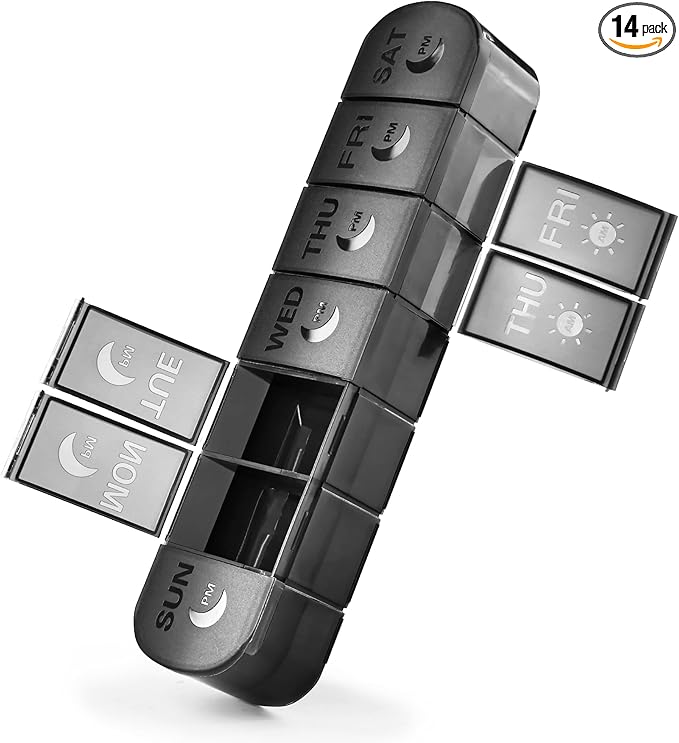 FHORAIN XL AM PM Pill Organizer 2 Times a Day, Fade Resistant Extra Large Weekly Pill Box 7 Day, Double-Sided 14 Compartments for Vitamins, Fish Oil, Supplements & Gummies (Black)