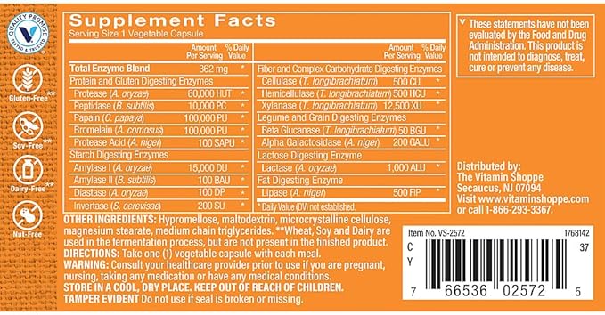 The Vitamin Shoppe Digest Extra Enzymes - Advanced Digestive Support | Gluten Dairy Protein Fat | 90 Vegetable Capsules | Comprehensive