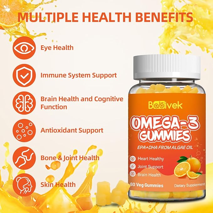 Omega-3 Gummies Vegan 1200mg, EPA and DHA Omega-3 Fatty Acids with Folate, Vitamin A, Vitamins C & E, High Potency Omega 3 Supplements for Immune Support, 60 Count