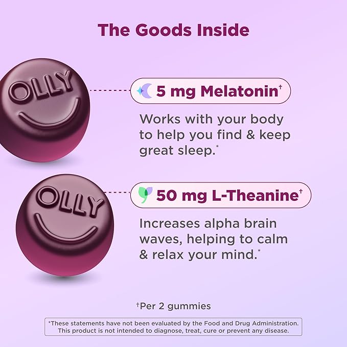 OLLY Extra Strength Sleep Gummy 5 mg Melatonin, L-Theanine, Chamomile, Lemon Balm Extracts, Sleep Aid, BlackBerry Flavor - 90 Count
