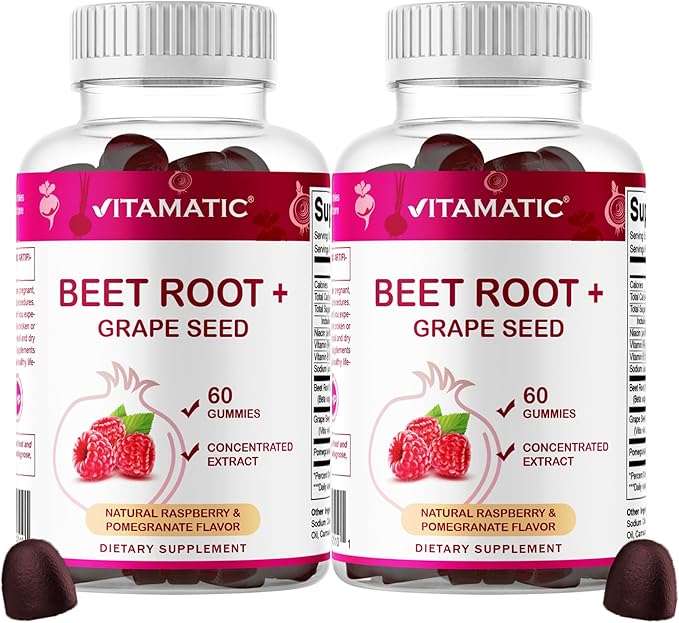 Vitamatic Beet Root Gummies with B6, B12, Grape Seed, Pomegranate & Nicotinamide – Plant-Based Extract – Vegan, Non-GMO – Botanical Supplement Gummies – 60 Count - 2 Pack (120 Count)