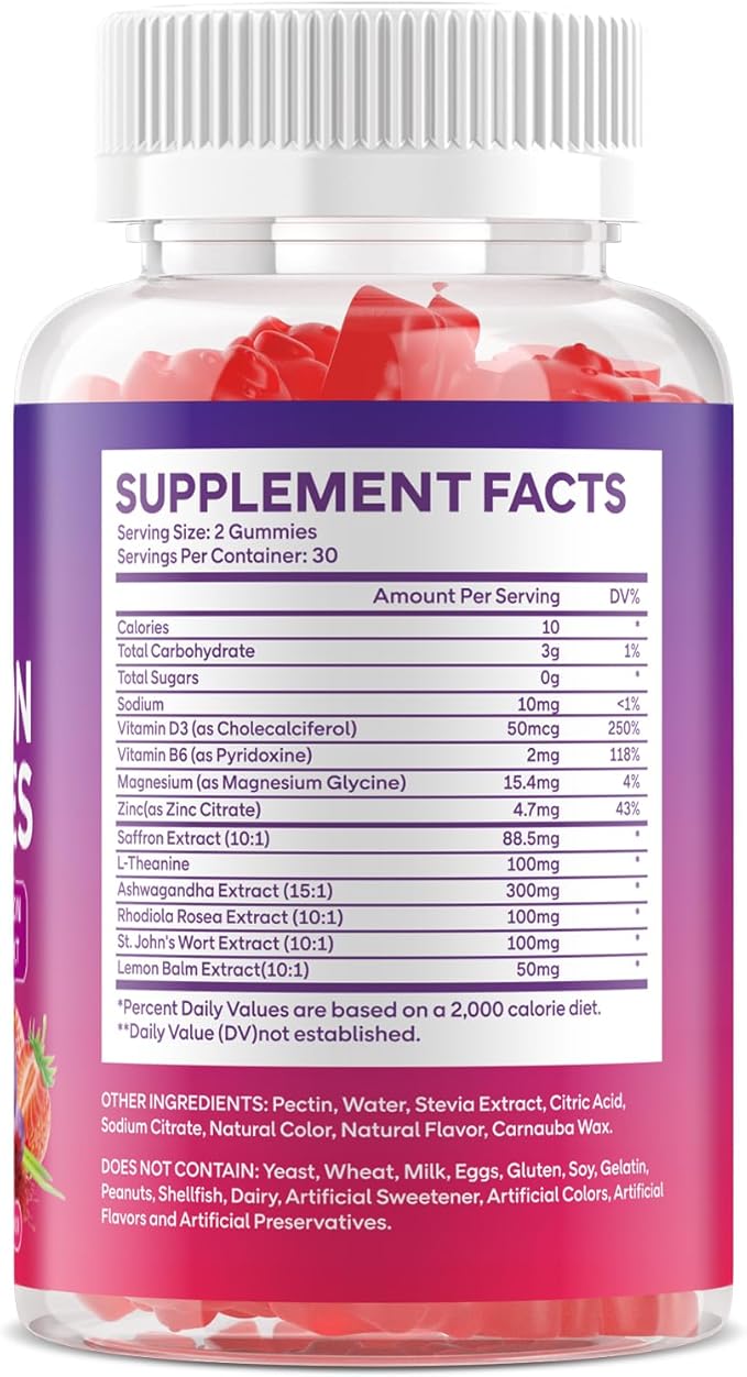 Saffron Supplement Gummies, 10-in-1 Cortisol Supplement with Saffron 88.5mg, Magnesium, Rhodiola Rosea, Ashwagandha, L-Theanine, St. John's Wort, for Calm, Focus & Relaxation, 60 Count