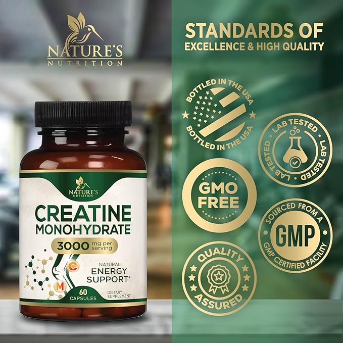 Creatine Monohydrate 3000mg Per Serving – Micronized Creatine Powder Capsules - Supports Lean Muscle, Strength, Energy, & Endurance - Nature's Supplement, Non-GMO, Bottled in USA - 60 Capsules