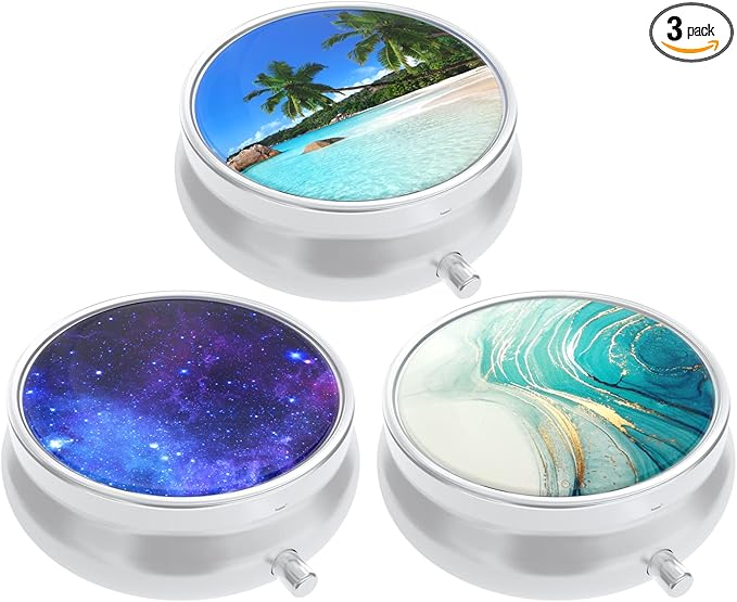 3 Pack Pill Box, Small Pill Case for Purse & Pocket, Cute Travel Medicine Organizer, Portable Medicine Container Holder to Hold Vitamins, Medication, Fish Oil & Supplement, Beach & Galaxy