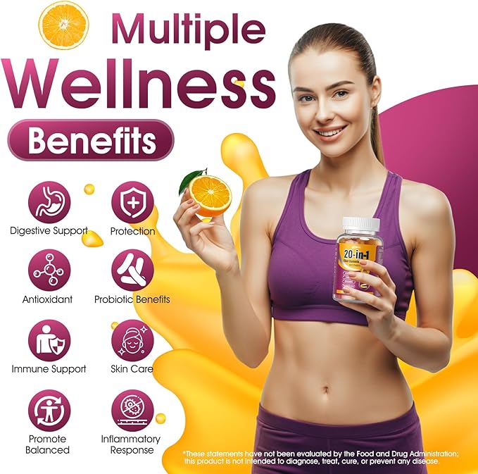 Fiber Gummies for Adults Fiber Supplement 4.5g 20-in-1 Probiotic Gummies Inulin Prebiotic psyllium Husk Powder Organic Supplement, Support for Gut Digestive Health, 60-Count, Orange & Peach