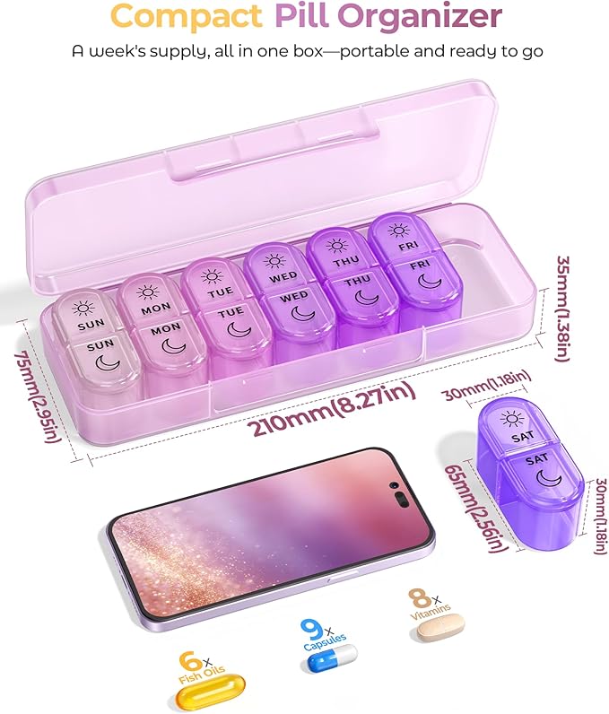 Weekly Pill Organizer 7 Day AM PM - Travel Pill Box 2 Times a Day with One-Hand Easy-Open Lid, 14 Compartments Portable Medicine Case for Daily Vitamins, Fish Oil, Pills and Supplements