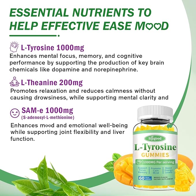 L-Tyrosine Gummies for Adults and Kids - L-Tyrosine Supplement Focus Gummies for Brain, Mood, Energy Support, Vegan & Gluten-Free, Mango Flavor, 60 Count