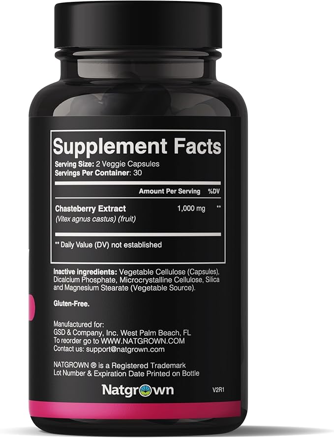 Natgrown Vitex Chasteberry Supplement for Women 1,000 mg - Agnus Castus Chaste Tree Vitex Berry Fruit Extract Capsules - 60 Ct