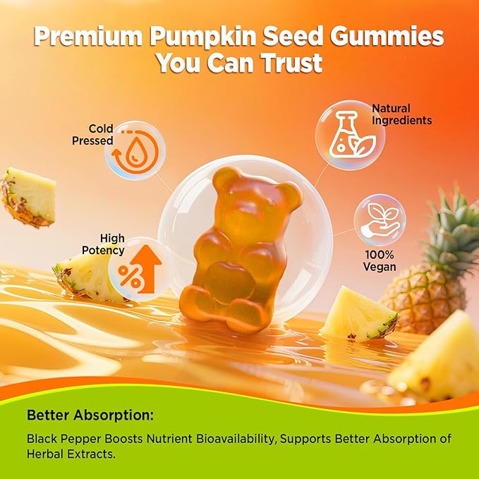 Pumpkin Seed Oil Gummies with Saw Palmetto, Cold Pressed Pumpkin Seed Oil Supplement for Hair Growth, Prostate Health & Urinary Tract Support, Sugar Free, Vegan Pineapple Flavor, 60 Count
