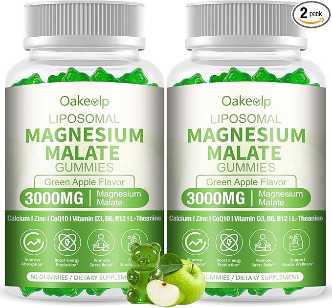 2 Pack Liposomal 3000mg Magnesium Malate Gummies Supplement,Complex Creatine Monohydrate,Folate, Active B12 & D3, L-Theanine & CoQ10, for Stress Relief,Methylation, Energy, Muscle & Calm