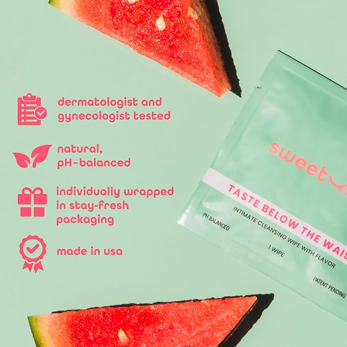 Sweetums Feminine Wipes For Women, Individually Wrapped - pH Balanced Flavored Intimate Wipes - Pack of 10 (Watermelon)