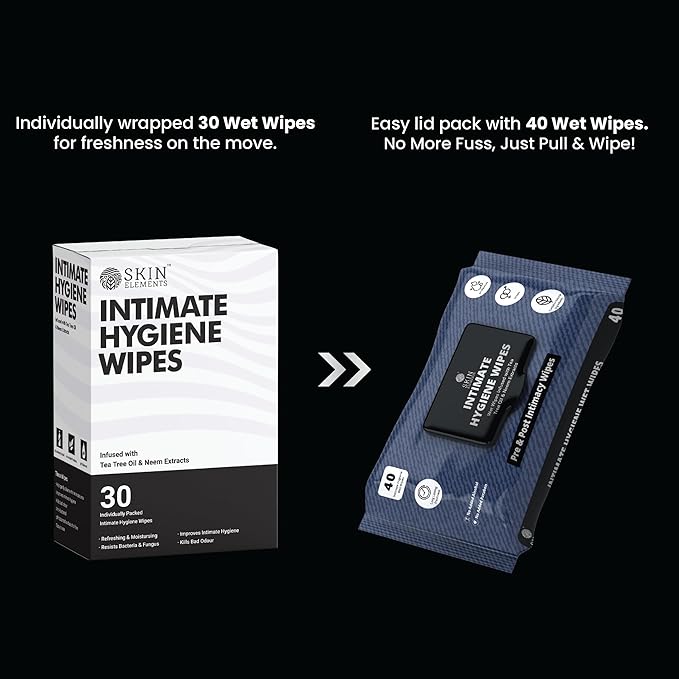 Skin Elements Intimate Hygiene Wipes | Unisex | pH balanced Wipes | Tea Tree Oil & Neem Extracts | 30 Individual Wipes | Pre and Post Intimacy