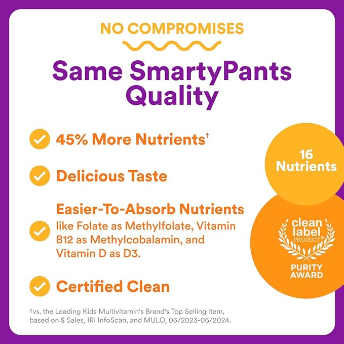 SmartyPants Toddler Multivitamin Gummies, Omega 3 (DHA/EPA), Vitamins D3, C, Vitamin B12, B6, A, K & Zinc, Biotin, Gluten Free, Three Fruit Flavors, 60 Count (30 Day Supply)