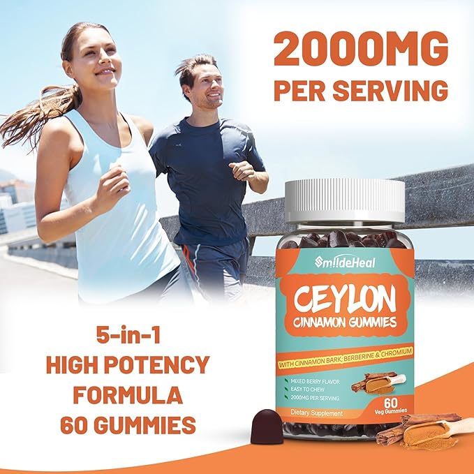 2 Pack Sugar Free Ceylon Cinnamon Gummies 2000MG, Cinnamon Supplement with Chromium and Cinnamon Bark, Vegan, Non-GMO, Gluten Free,120 Gummies