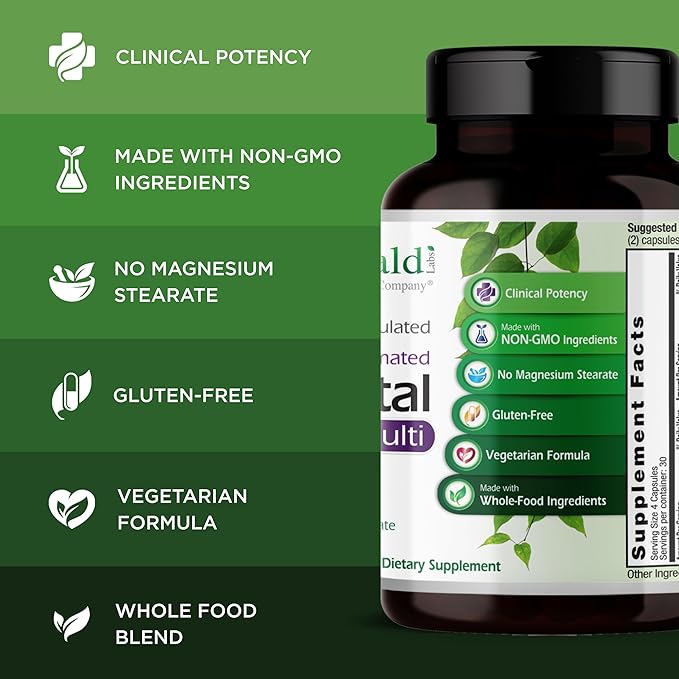 EMERALD LABS Prenatal Clinical Multi - Prenatal Multivitamin with Methylfolate, Albion Chelated Gentle Iron, Whole-Food Ingredients & More - Soy & Gluten-Free - 120 Vegetable Capsules (30-Day Supply)
