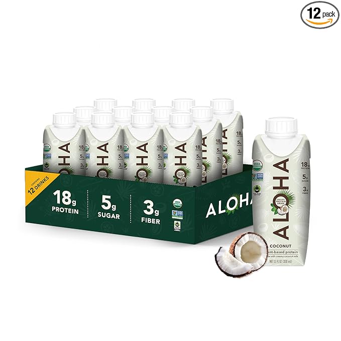 ALOHA Organic Plant-Based Protein Drink – Coconut Flavor | 18g Protein, 5g Sugar, 3g Fiber | Made with Creamy Coconut Milk, Fair Trade Certified, No Stevia | Vegan, Non-GMO, Gluten-Free, 11 fl oz (12 Pack)