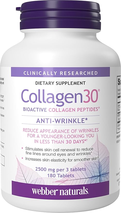 Webber Naturals Collagen30 Anti-Wrinkle, 2,500mg of Bioactive Collagen Peptides Per Serving (3 Tablets), 180 Tablets, Helps Reduce Deep Wrinkles, Fine Lines, Non GMO, Dairy, Gluten Free