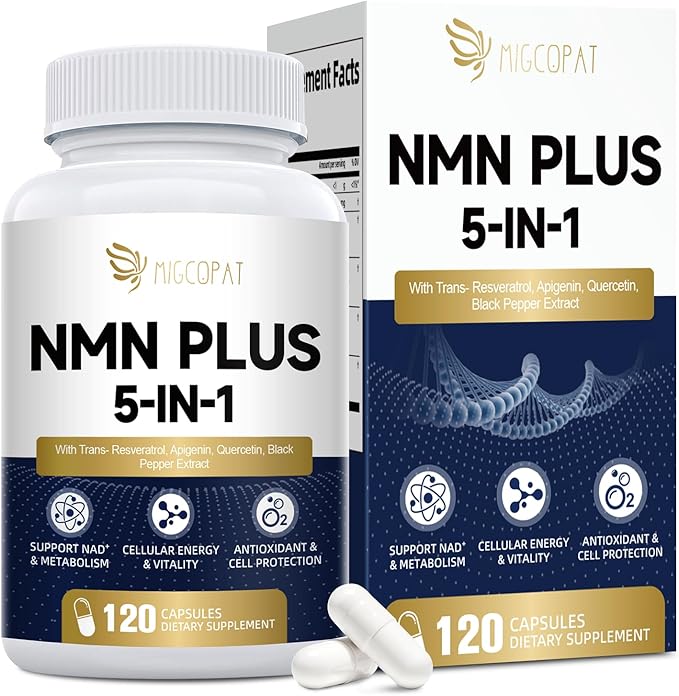 Migcopat NMN Supplement 1000mg – NMNH Alternative 5-in-1 NAD Supplement w/Resveratrol, Apigenin, Quercetin & Black Pepper – Supports Cellular Energy, Healthy Aging & Longevity – 120 Veggie Capsules