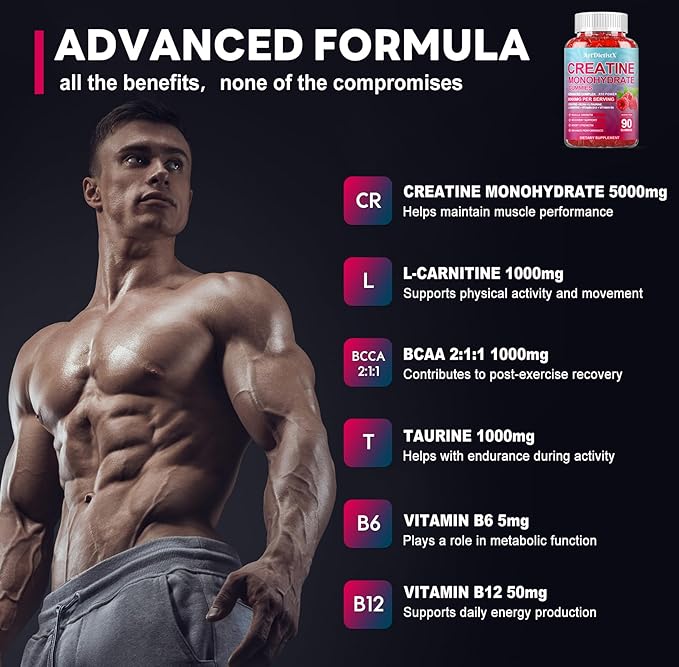 Creatine Monohydrate 8000mg Gummies with BCAA, L-Carnitine, Taurine & Vitamin B12 - Pre Workout Supplement for Muscle Growth, Strength & Energy - Raspberry Flavor Gummies, 180 Count for Men & Women
