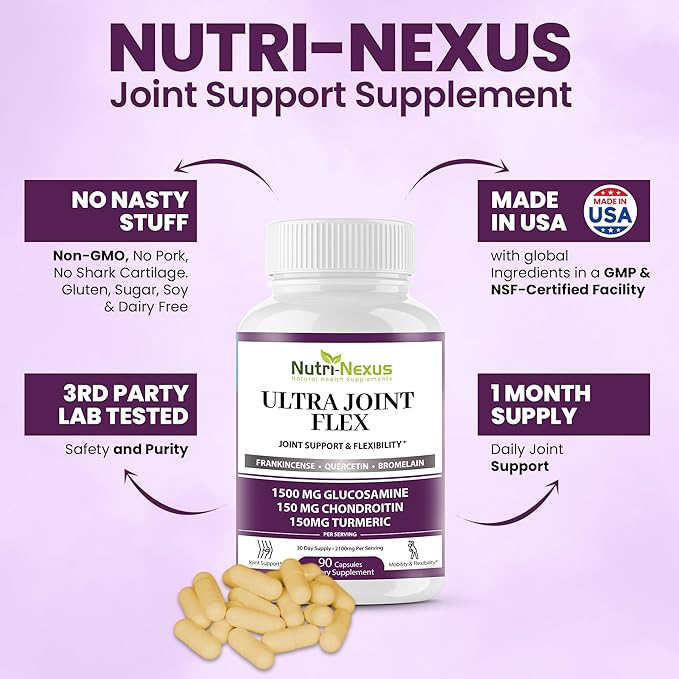 Joint Support Supplement with Glucosamine Chondroitin MSM Turmeric Boswellia - for Men and Women - Promotes Mobility, Flexibility, and Comfort - Made in USA - 90 Capsules