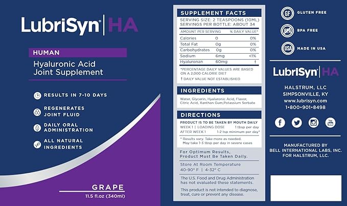 Lubrisyn Hyaluronic Acid Oral Joint Supplement – Liquid HA Formula for Humans – Promotes Joint Support, Mobility, Flexibility, Hydration & Healthy Function for Men & Women – Grape Flavor 11.5oz