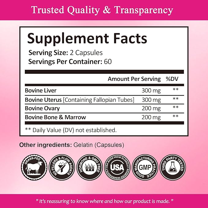 Beef Organ Supplement for Women - Ferritin Supplement for Women, Grass Fed Liver, Uterus, Ovary & Bone Marrow - Natural Anemia Support, Energy & Hormone Balance - Pasture Raised - 120 Capsules