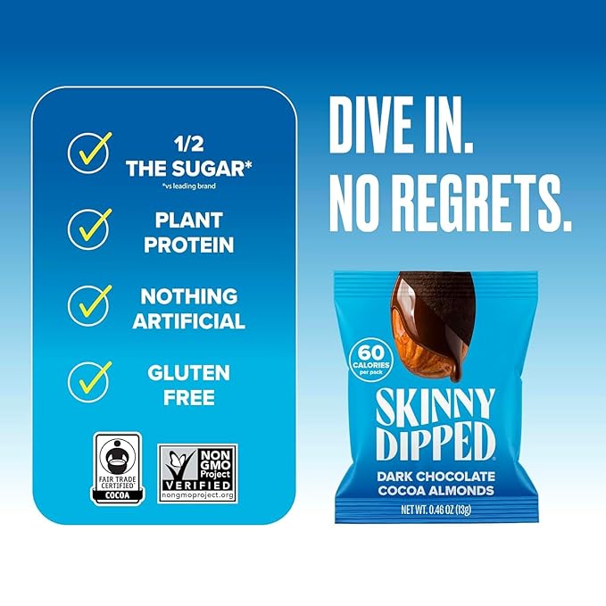 SkinnyDipped Dark Chocolate Cocoa Almonds, Healthy Snack, Plant Protein, Gluten Free, 0.46 oz Mini Bags, Pack of 24