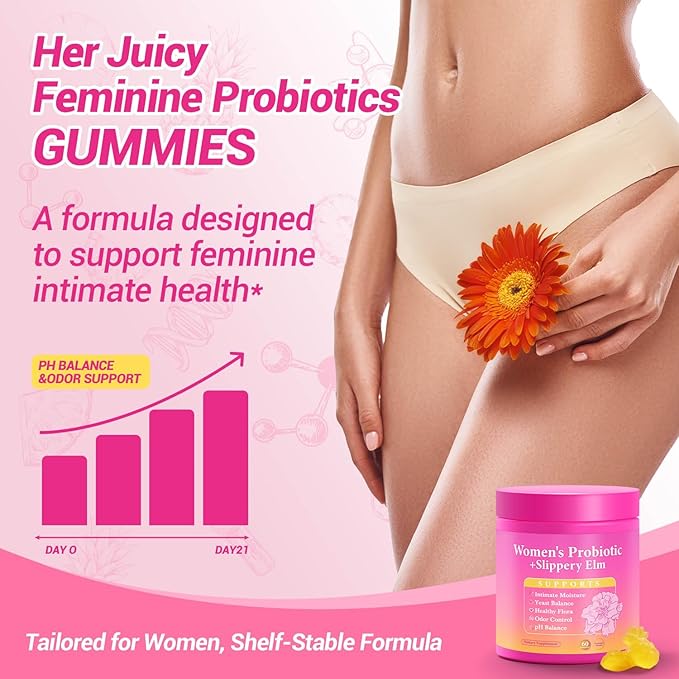 Her Juicy Feminine Probiotics Gummies, Premium Feminine Balance Gummies with Slippery Elm for Women's pH Balance, Healthy Odor, Flora and Immune Support – 30-Day Supply