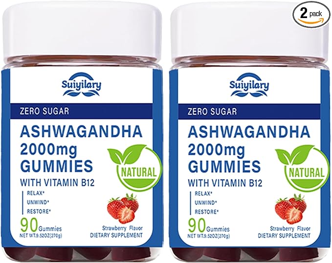Suiyilary Ashwagandha Gummies 2000mg, Ashwagandha High Strength Root Extract Supplement with Vitamin B12 for Men Women, Strawberry Flavour 90 Days Supply 90 Gummies 2pack