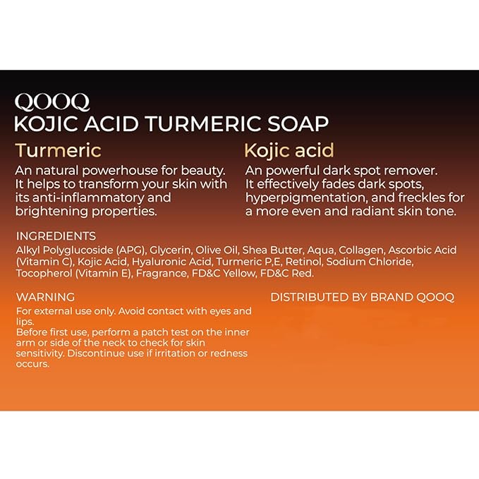 QOOQ Turmeric Kojic Acid Soap for Dark Spots Remover – Facial Cleansing Bar with Vitamin C, Retinol, Collagen, Vitamin E, Glycerin, Shea Butter & Castile Olive Oil – Soap for Women & Men (120g x 4)