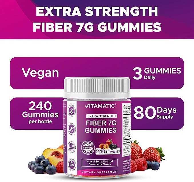 Vitamatic Prebiotic Fiber Gummies for Adults, 7G Extra Strength, Zero Sugar Added, 240 Pectin Based Gummies, Digestive Health & Regularity Support