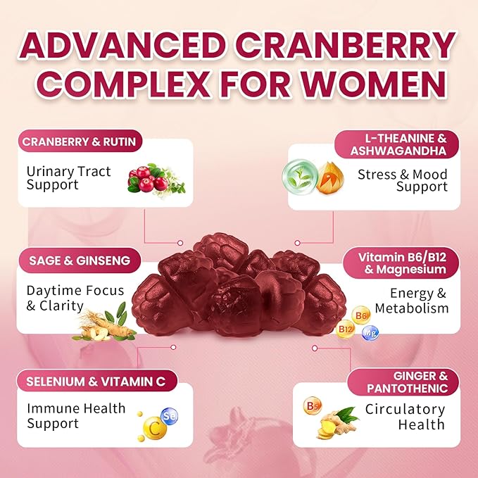 Lukaree Cranberry Gummies for Women – Cranberry Supplement Complex with D-Mannose, Ashwagandha, Magnesium, Ginseng – Urinary Tract, Mood & Energy Support – Daytime Vitality Supplement – 60 Count