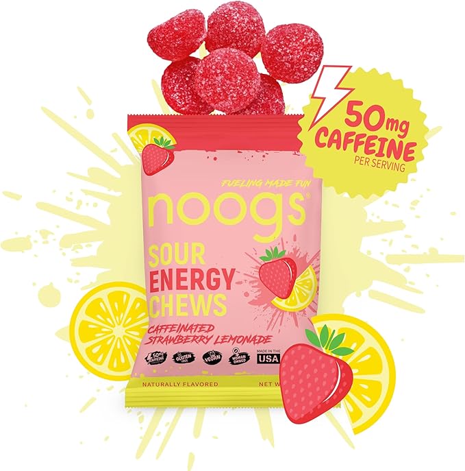 Noogs Sour Energy Chews, Strawberry Lemonade Caffeinated Electrolyte Energy Gummies, 50mg Green Tea Caffeine, Sour Candy Flavored Alternative to Running Gels, Vegan & Gluten Free, 12 Pack
