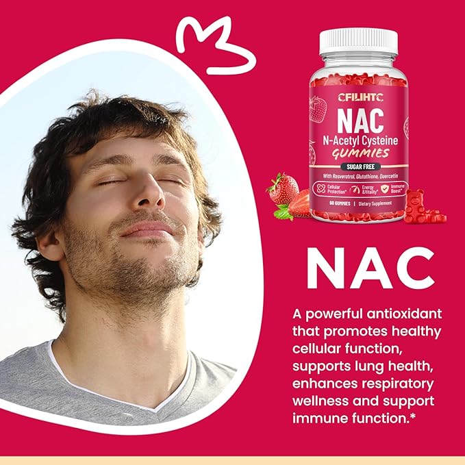 CFILIHTC (2 Pack) NAC Gummies 600mg, N Acetyl Cysteine Supplement with Glutathione, Resveratrol, Magnesium, CoQ10, NAC Chewable for Antioxidants & Immune Support, Strawberry Flavor 120 Gummies