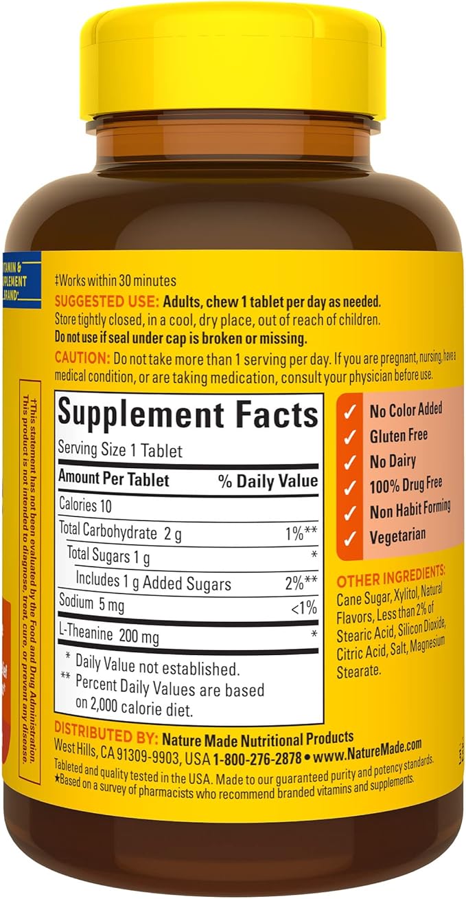 Nature Made Chewable L Theanine 200mg, L-Theanine Supplement for Stress Relief, 50 Chewable Tablets, 50 Day Supply