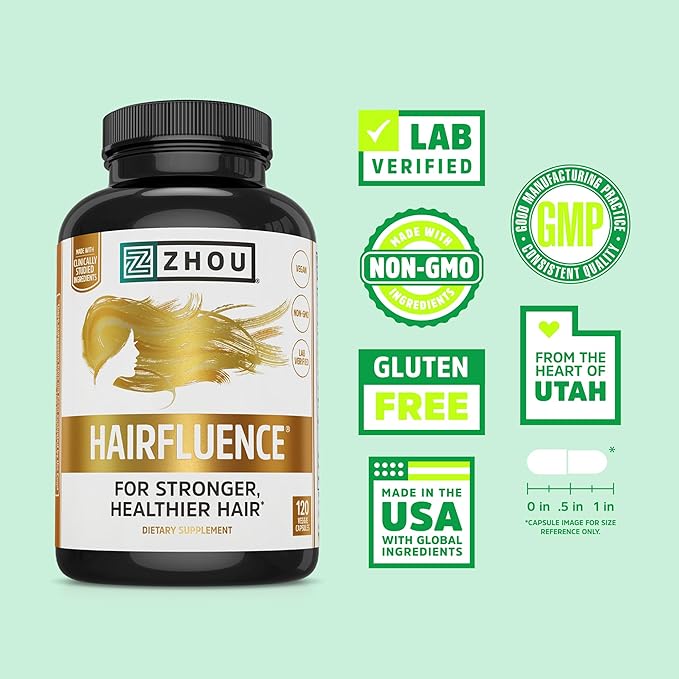 Zhou Hairfluence - Vegan Biotin Supplement for Hair Growth for Men & Women, Supports Stronger, Healthier Hair, Nails, & Glowing Skin with Lustriva & B Vitamin Complex - 120 Veggie Capsules (Pack of 1)