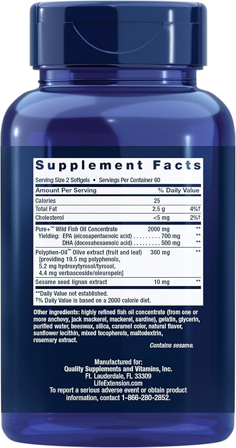 Life Extension Super Omega-3 EPA/DHA Fish Oil, Sesame Lignans & Olive Extract – Cognitive Health, Cholesterol Health Support, Gluten-Free, Non-GMO, 120 Softgels