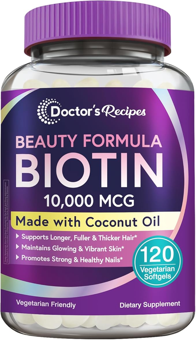 Doctor's Recipes Biotin 10,000 mcg, Hair Growth, Healthy Skin & Nails, Energy Metabolism, Vegetarian-Friendly Biotin, with Coconut Oil, Non-GMO, 4 Month Supply, 120 Vegetarian Softgels