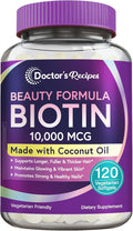 Doctor's Recipes Biotin 10,000 mcg, Hair Growth, Healthy Skin & Nails, Energy Metabolism, Vegetarian-Friendly Biotin, with Coconut Oil, Non-GMO, 4 Month Supply, 120 Vegetarian Softgels