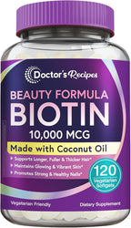Doctor's Recipes Biotin 10,000 mcg, Hair Growth, Healthy Skin & Nails, Energy Metabolism, Vegetarian-Friendly Biotin, with Coconut Oil, Non-GMO, 4 Month Supply, 120 Vegetarian Softgels